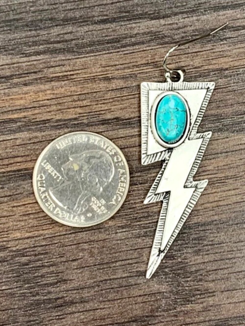 Western Turquoise Lightning Bolt Earrings Silver Boho Cowgirl Rodeo Jewelry - Picture 2 of 3